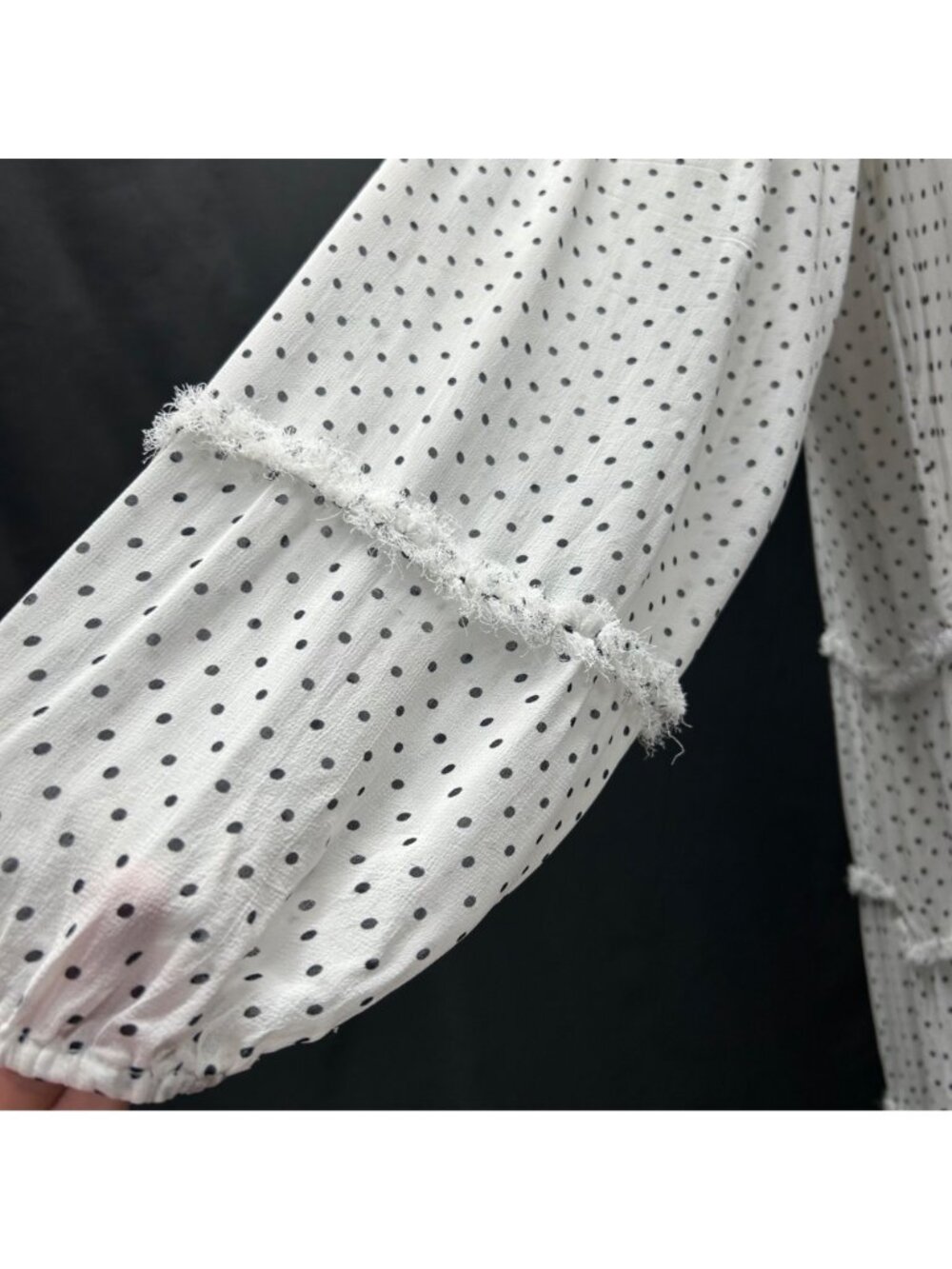 ANTHROPOLOGIE Long Sleeve Smocked Tiered Maxi Dress L White/Black Polka Dot - Picture 9 of 16